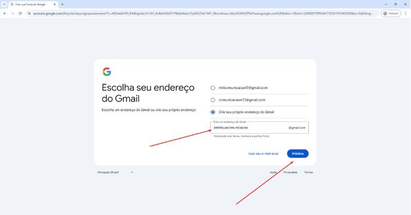 Tela do Google para escolher o endereço de e-mail ao criar uma conta.