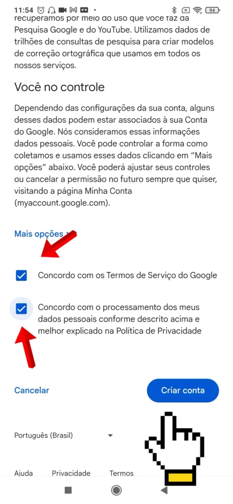 Caixa com os termos de serviço e política de privacidade do Google.