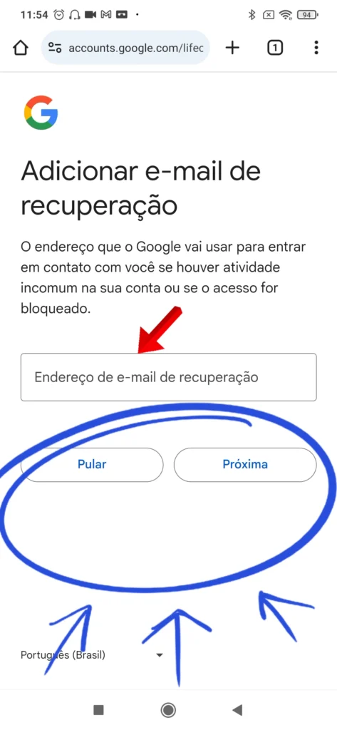 Opção para adicionar e-mail de recuperação na conta Google.