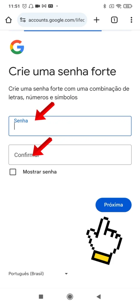 Tela para criar uma senha na conta Google.