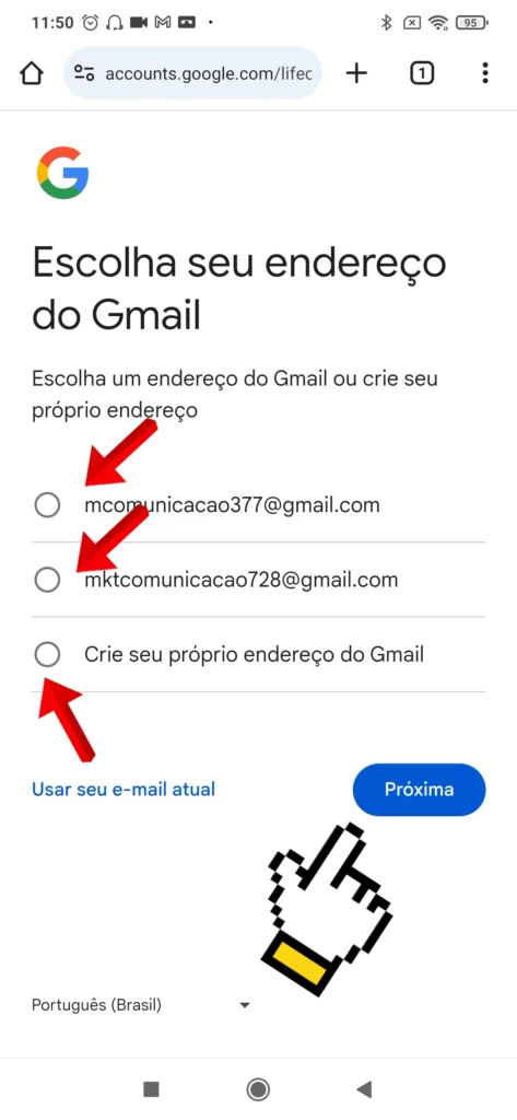 Opções para escolher o endereço de e-mail na criação da conta Google.