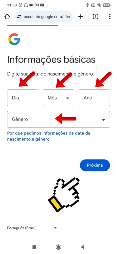 Formulário para preencher a data de nascimento e gênero na conta Google.