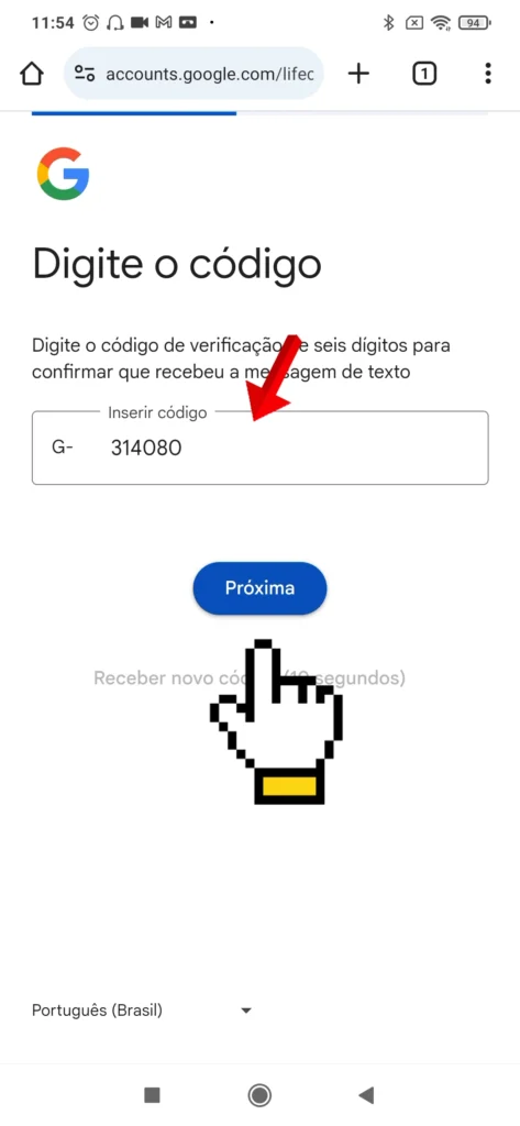 Tela para digitar o código de verificação recebido por SMS.