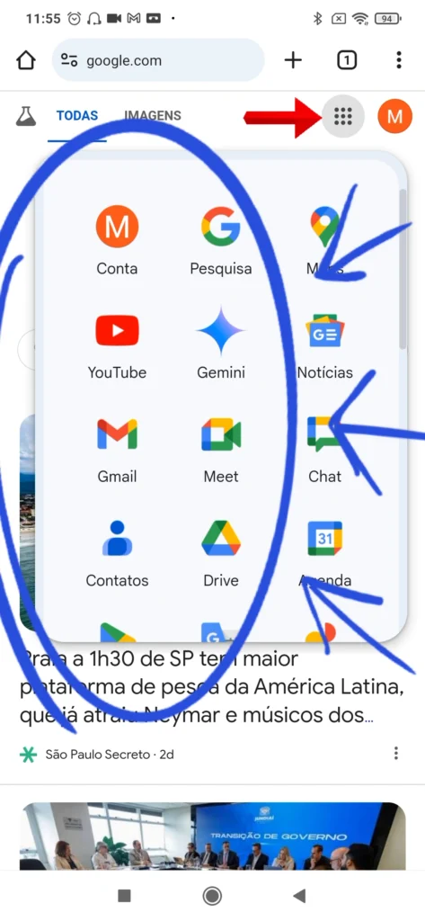 Menu de aplicativos do Google com várias ferramentas disponíveis.