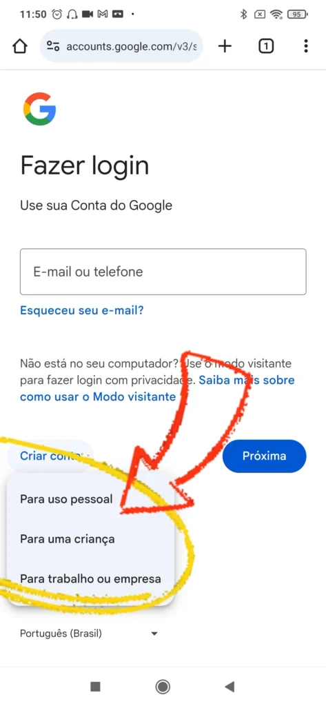 Menu para escolher o tipo de conta no Google.