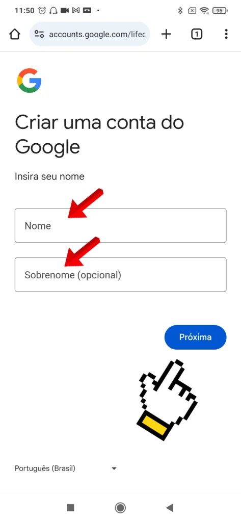 Tela para preencher o nome e sobrenome na criação da conta Google.