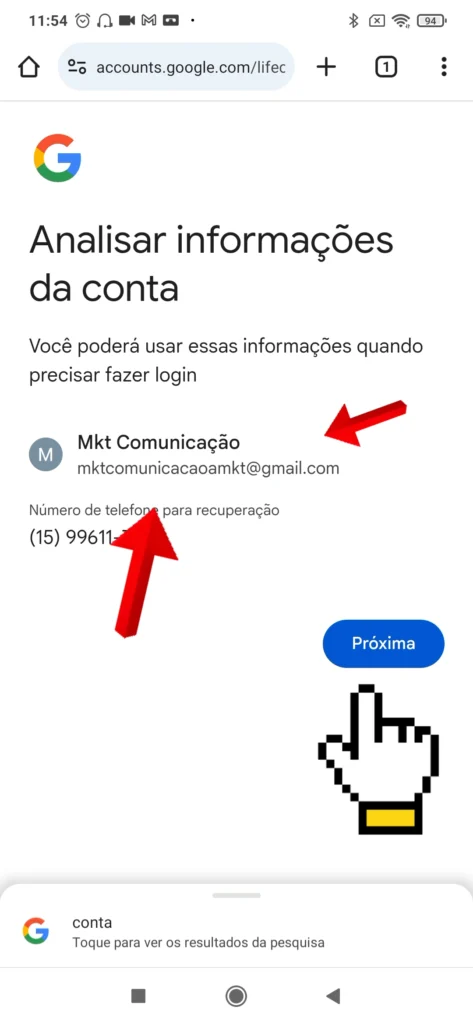 Revisão das informações da conta Google antes da conclusão.