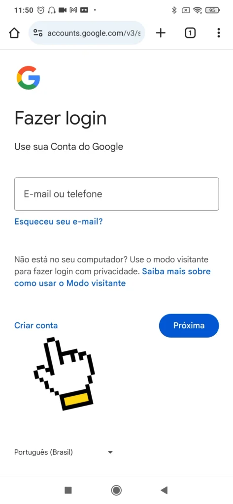 Tela de login do Google com a opção "Criar conta" destacada.