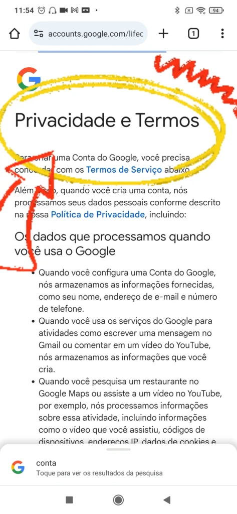 Termos de serviço e política de privacidade do Google.