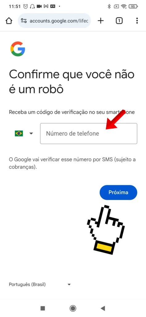 Campo para inserir o número de telefone na verificação da conta Google.