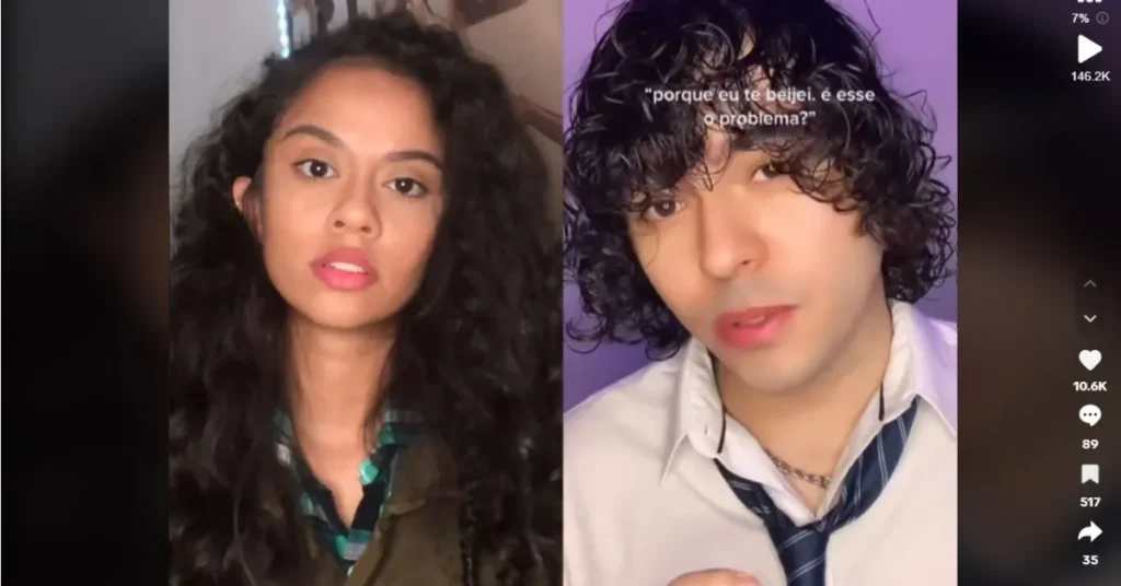 Imagem de um dueto no TikTok mostrando a criadora Tharlinhaa interagindo com outro criador, exemplificando colaborações criativas na plataforma.