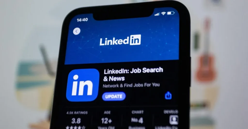 Tela de smartphone exibindo a página da aplicação LinkedIn na loja de aplicativos, destacando o ícone e a opção de atualização.