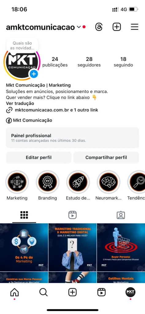 Captura de tela do perfil do Instagram da MKT Comunicação, mostrando bio otimizada, destaques organizados e identidade visual consistente com ícones personalizados e design profissional.