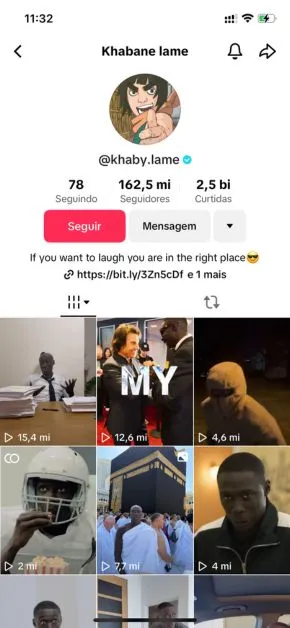 Print do perfil de Khaby Lame no TikTok, mostrando bio otimizada, milhões de seguidores e vídeos de sucesso.